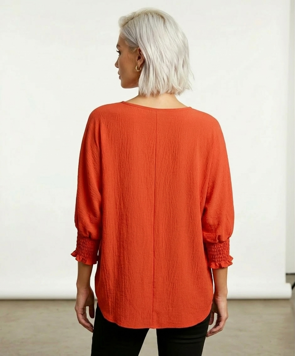 5547 Deep Coral Smocked Sleeve Blouse