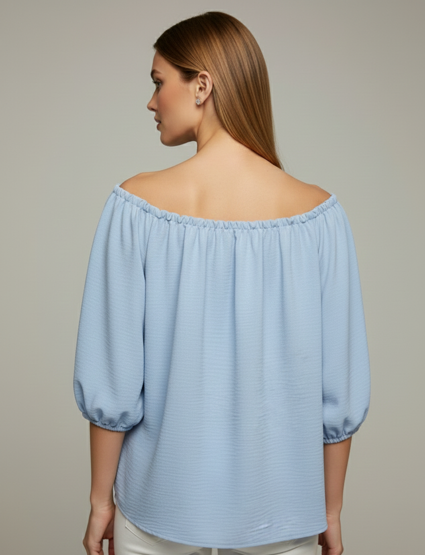 5656 Sky Blue with Flowers Appliqué Blouse