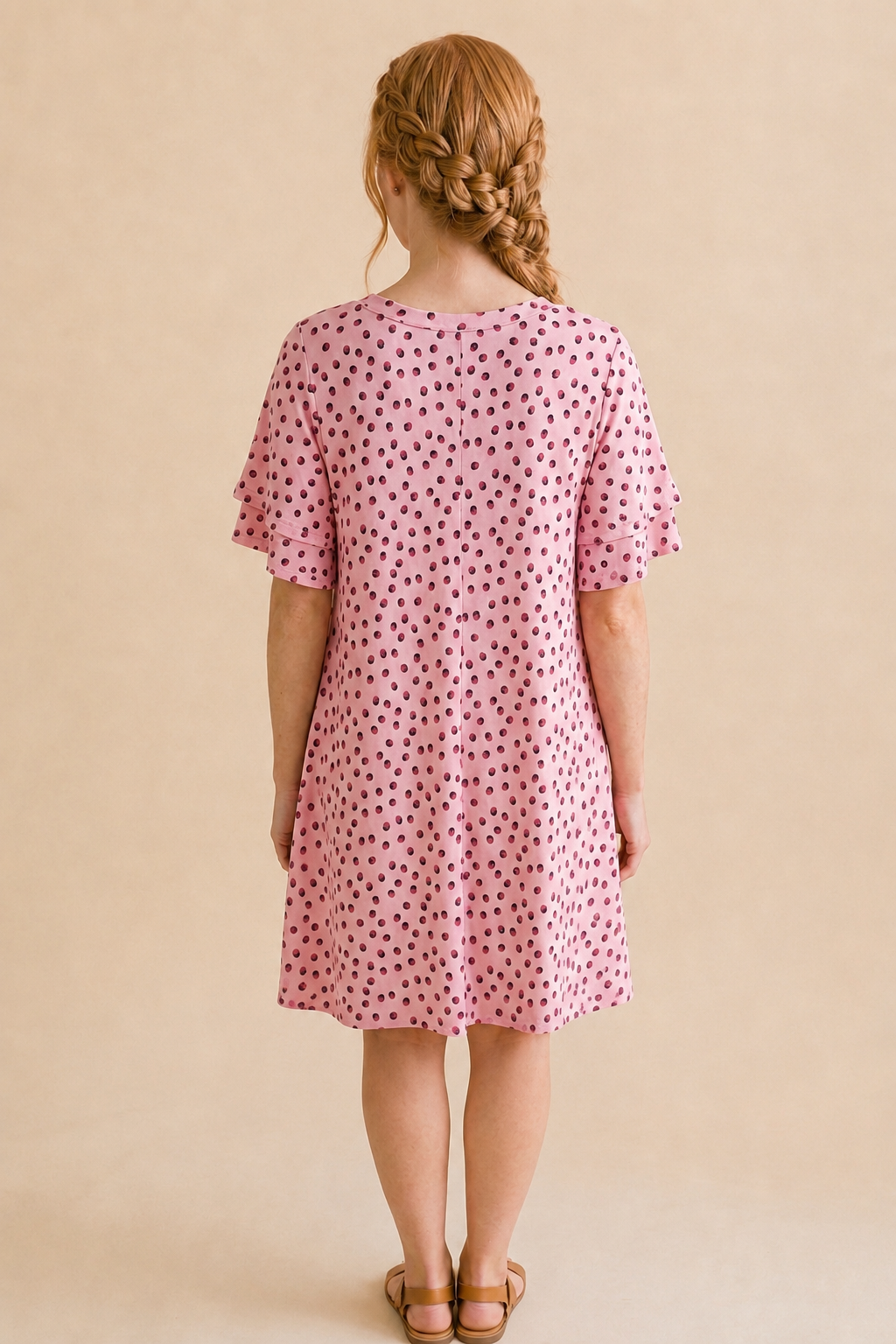 5670 Malibu Pink Polka Dress with side pockets