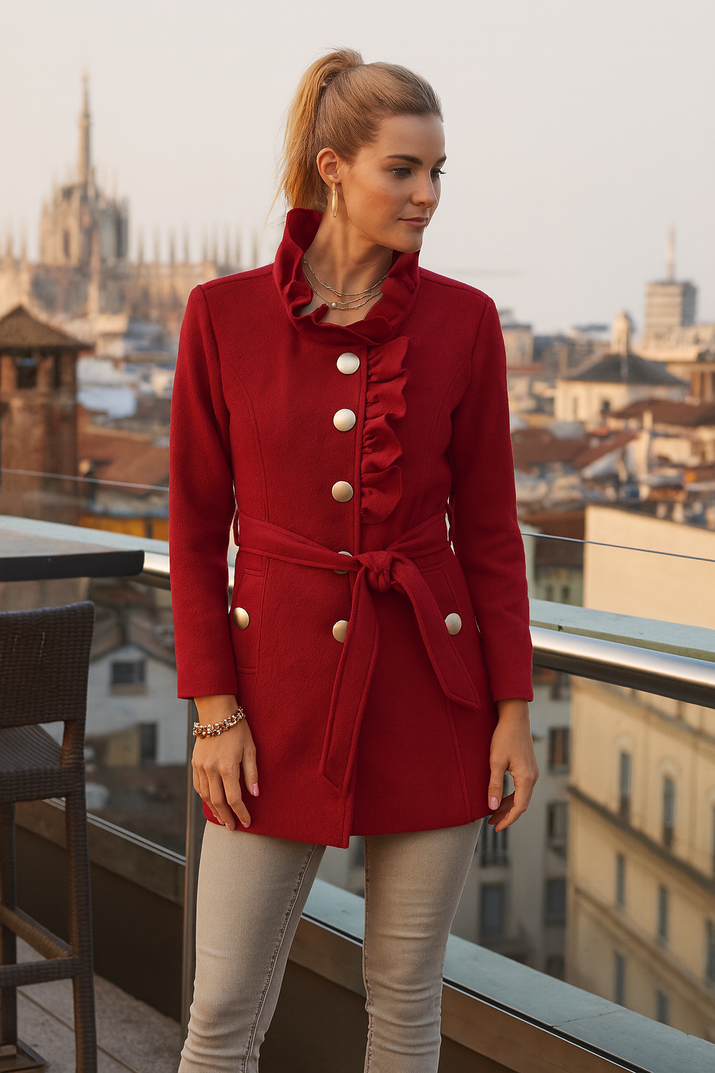 7370 Ruby Romance Ruffle Button-Up Coat
