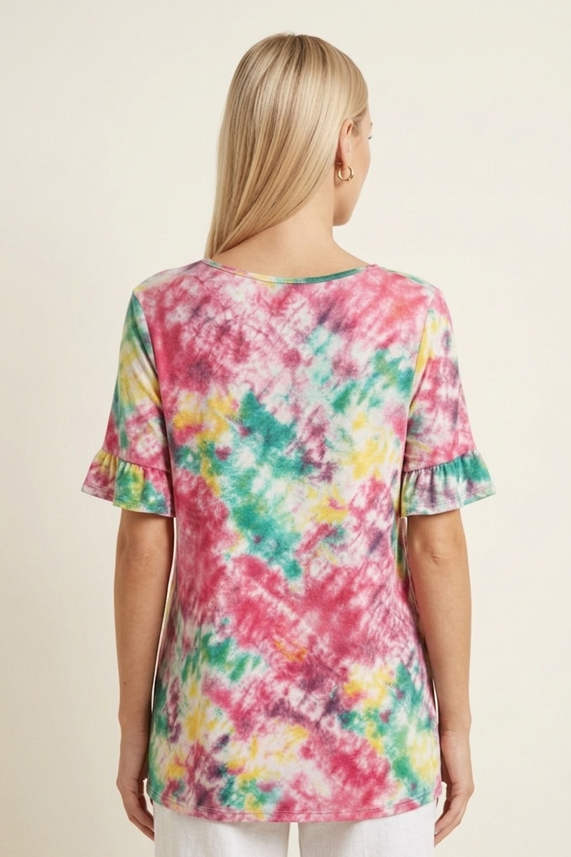 740 Vibrant Tie-Dye Ruffle Sleeve Blouse