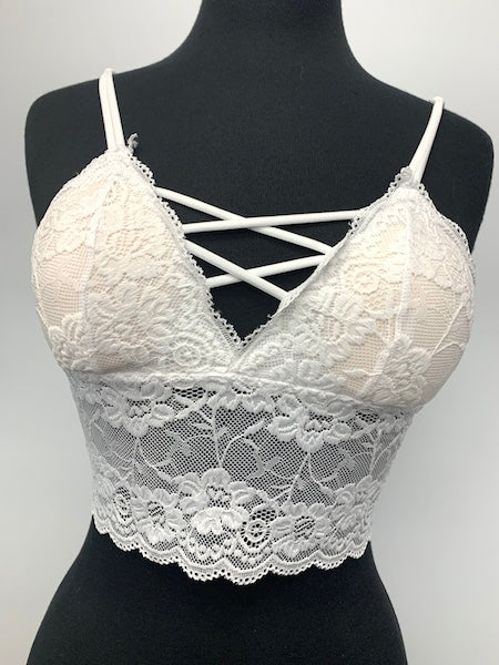 LB-15 White Lace Bra w/ Criss Cross Neckline