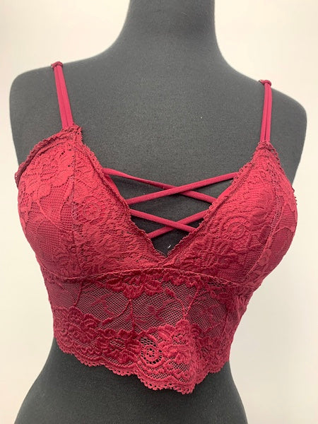 LB-15 Burgundy Lace Bra w/ Criss Cross Neckline