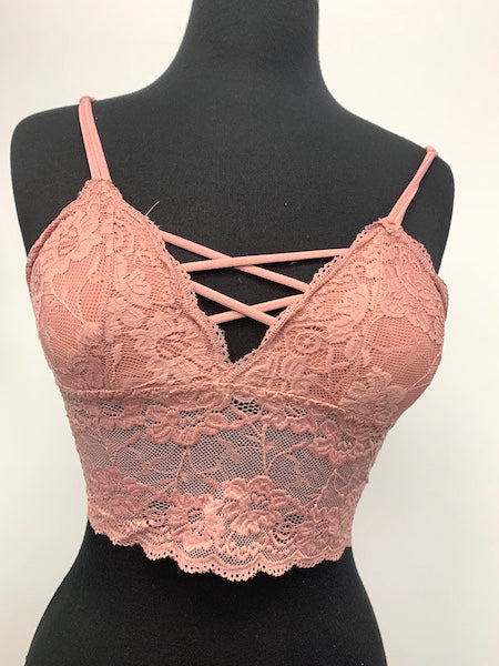LB-15 Mauve Lace Bra w/ Criss Cross Neckline