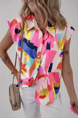 Style P22 Multicolor Abstract Print Collared Cap Sleeved Shirt
