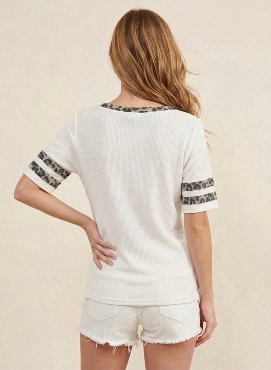 7827 White and Leopard Trim V Neck Top