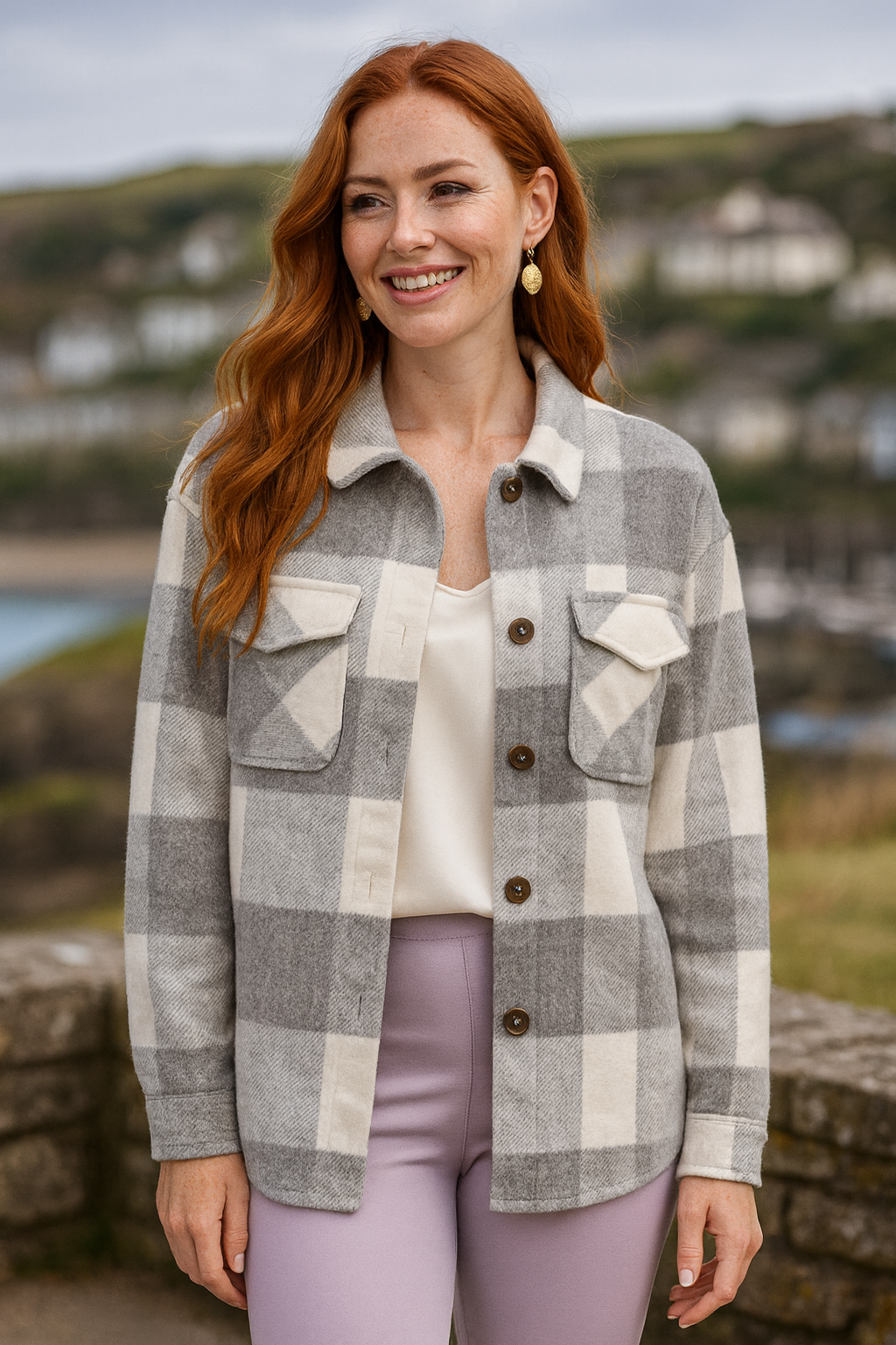 80032 Light Gray & Cream Plaid Shacket