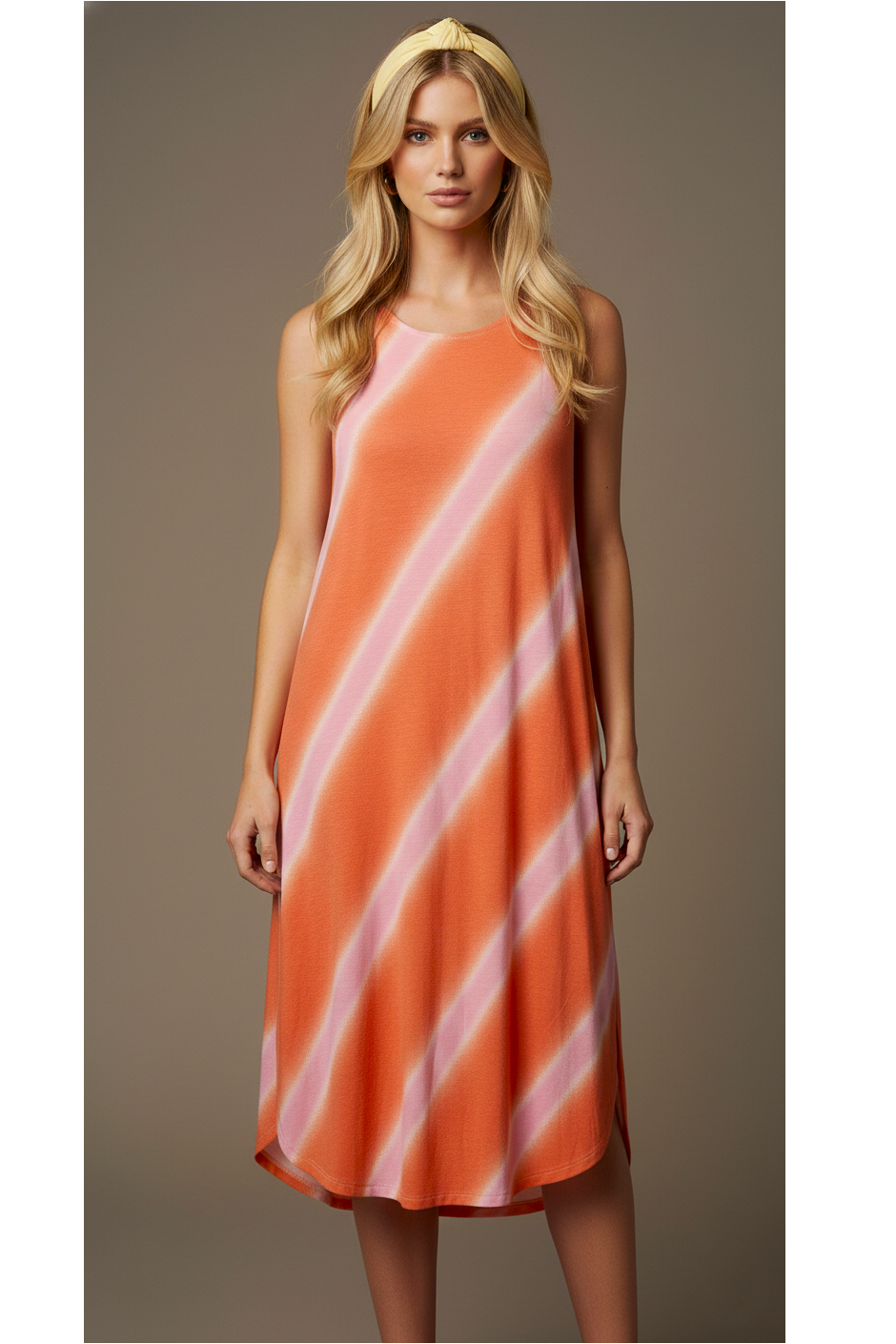 8296 Blush Pink & Coral Summer Stripe Sleeveless Dress