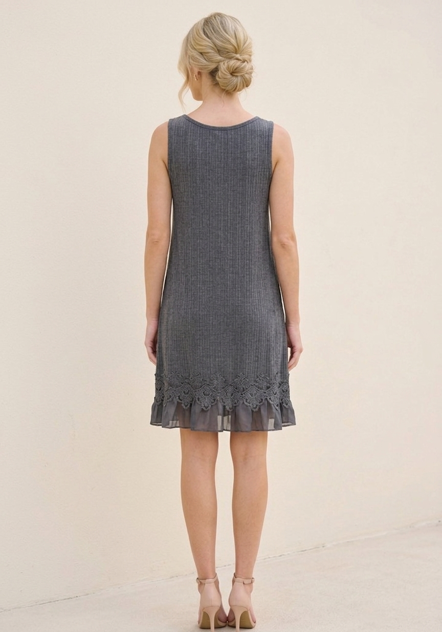 85000 Charcoal Gray Sleeveless Dress with Lace Hem