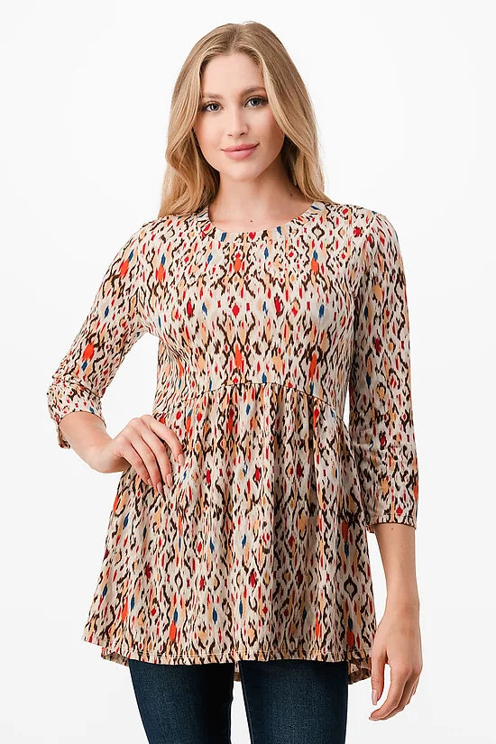 Style 5731 Beige Red Print Top Plus 1st Cut SOLD OUT . 2ND cut Shipping 10/18/22