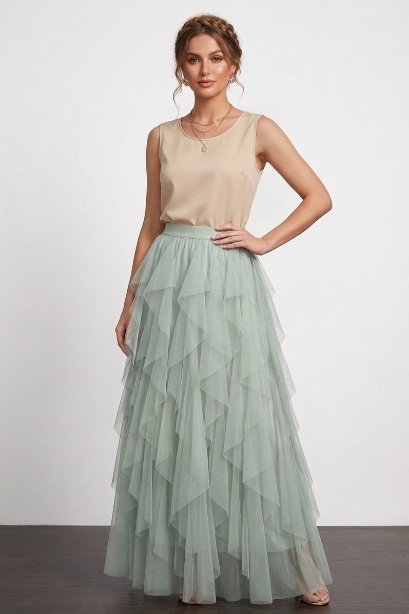 9011 Soft Sage Tulle Maxi Skirt