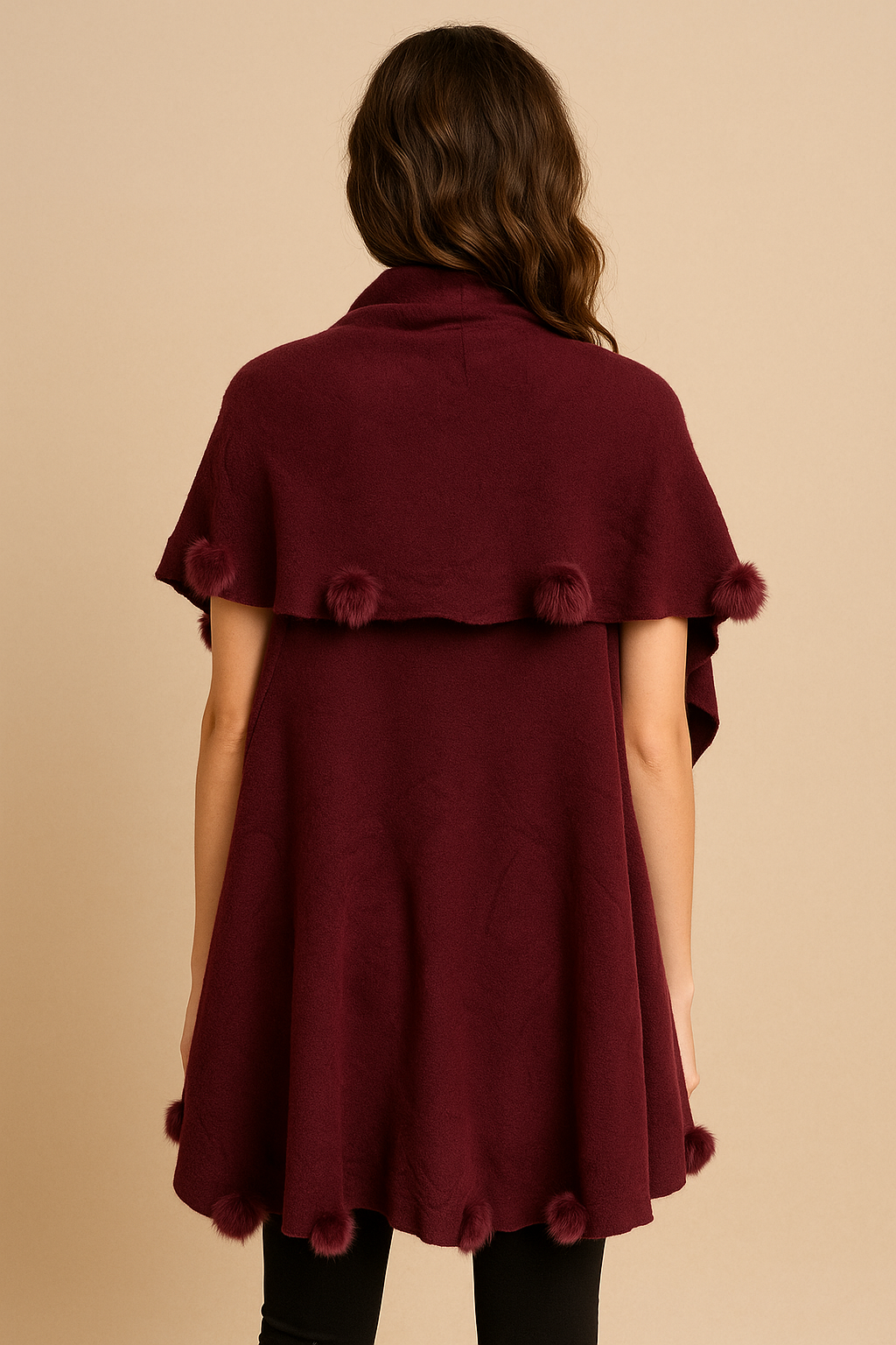 Style HY3713 Burgundy Pom Trim Wrap Shawl