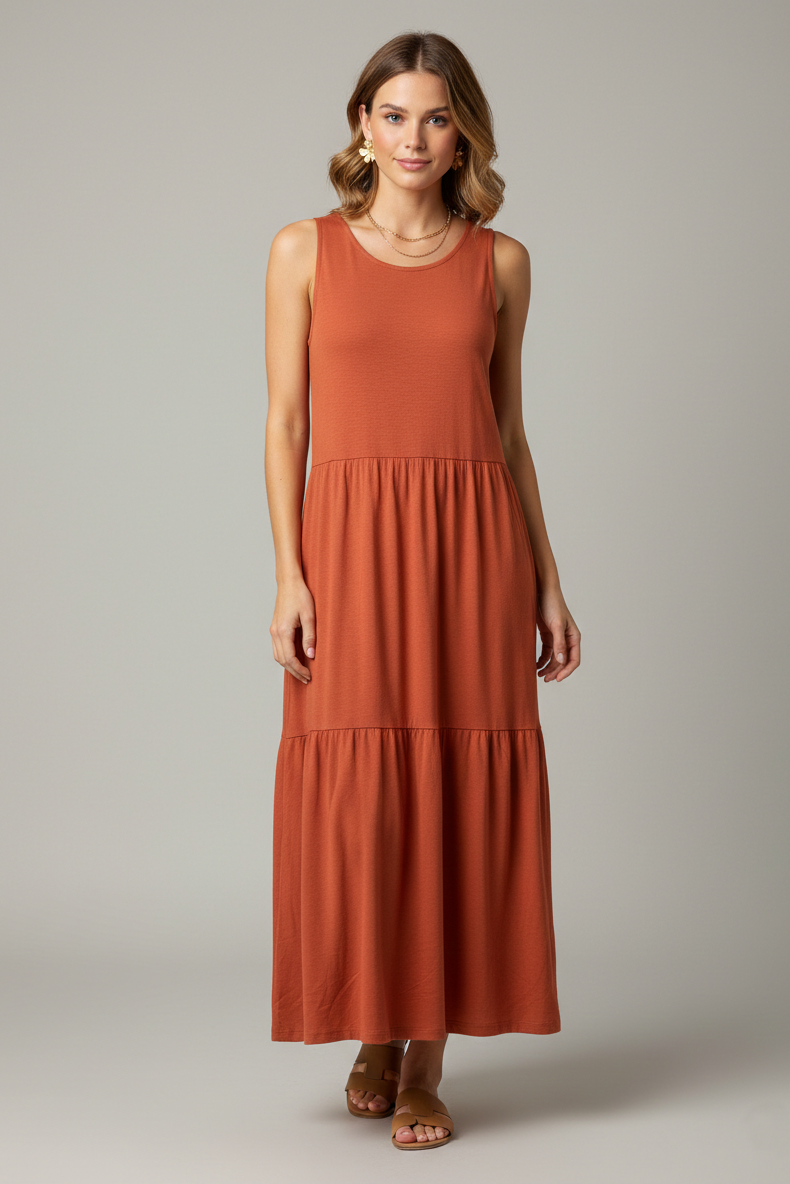 43050 Burnt Terracotta Tiered Maxi Dress