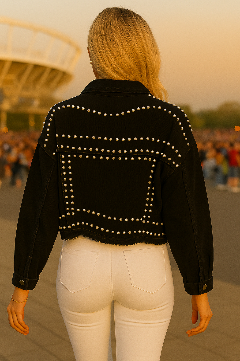 7139 Black Oversized Denim Pearl Jacket