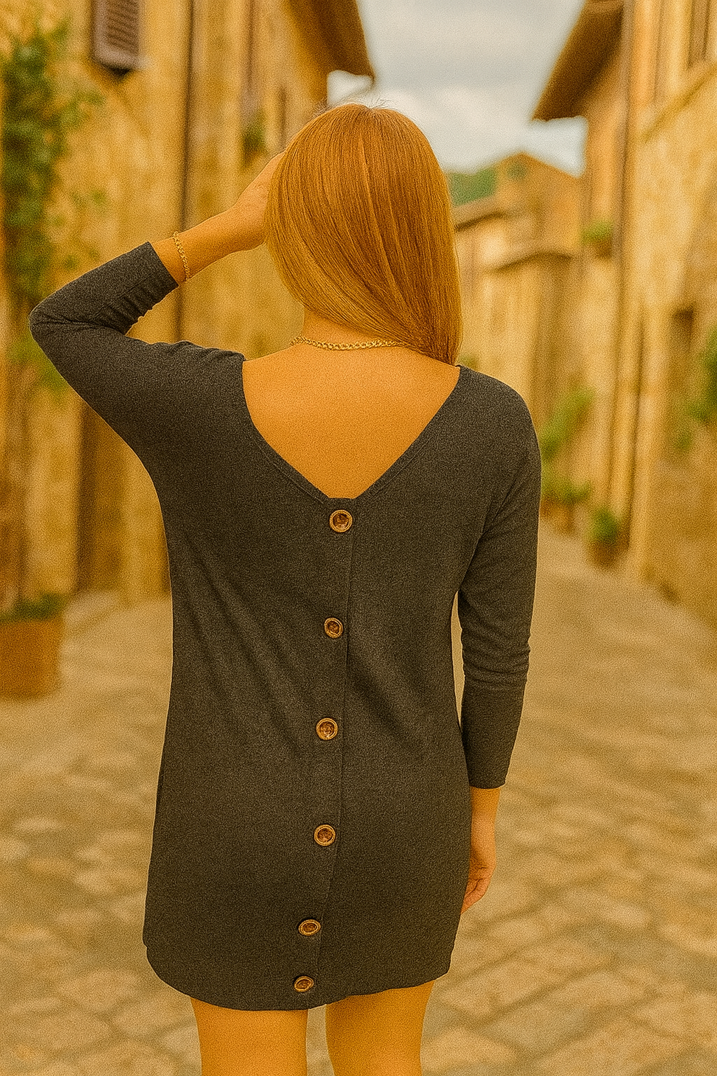 3649S Charcoal Buttoned Elegance Knit Dress