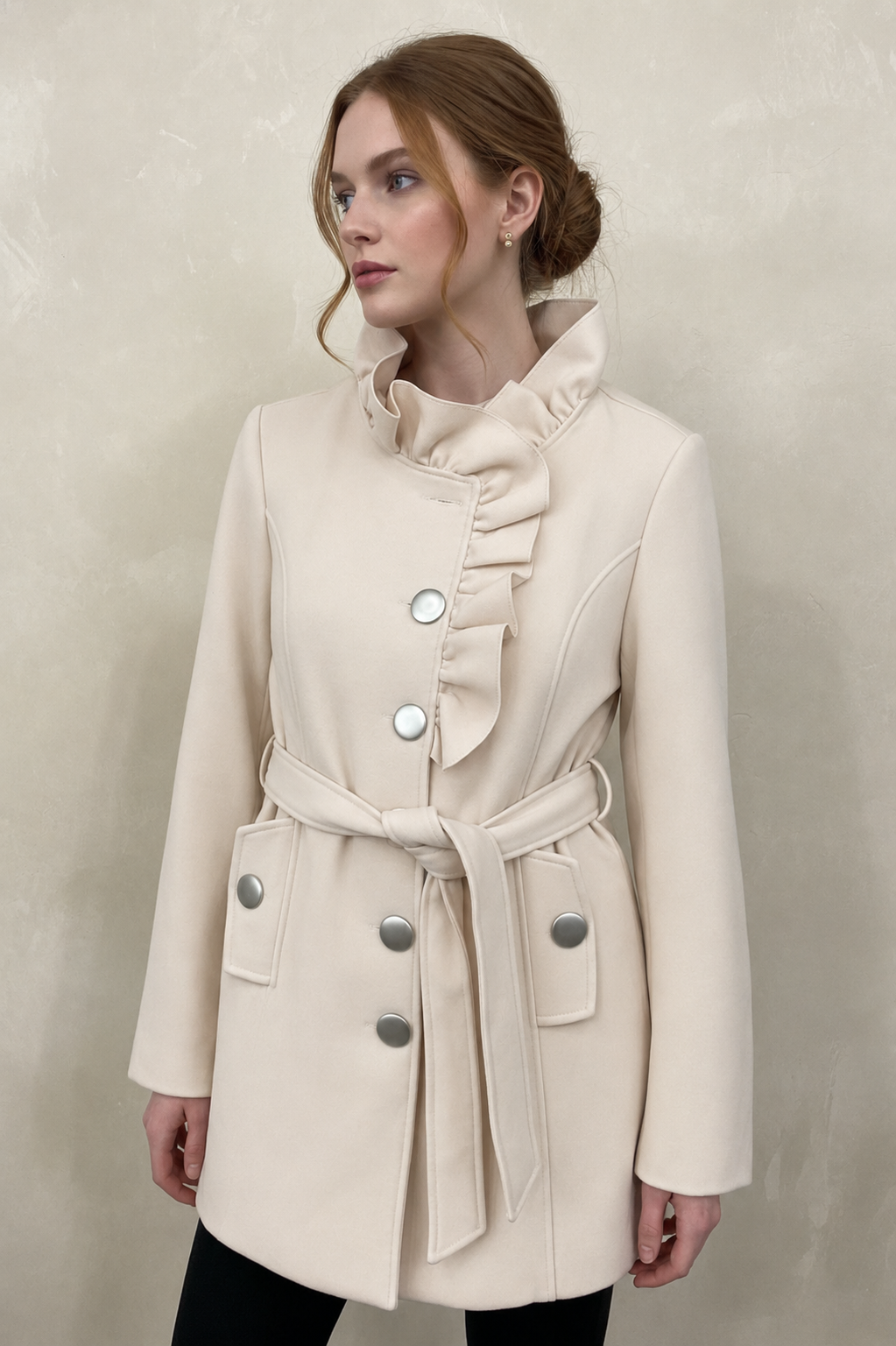 7370 Cream Ruffle Button-Up Coat