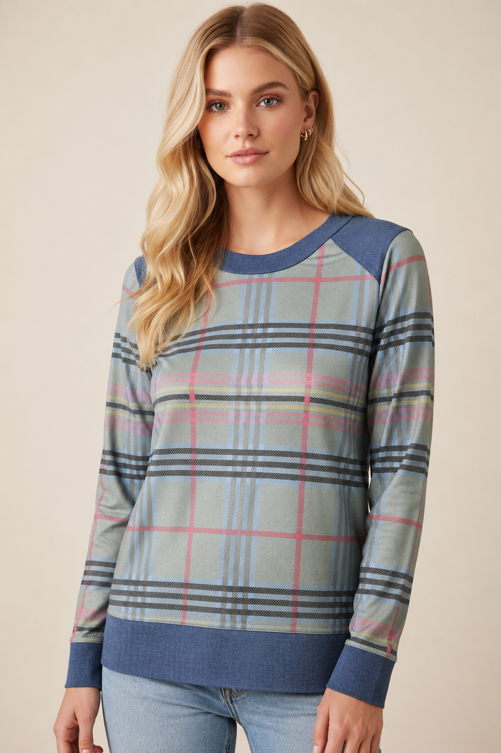 01 Sage Plaid Denim Trim Top