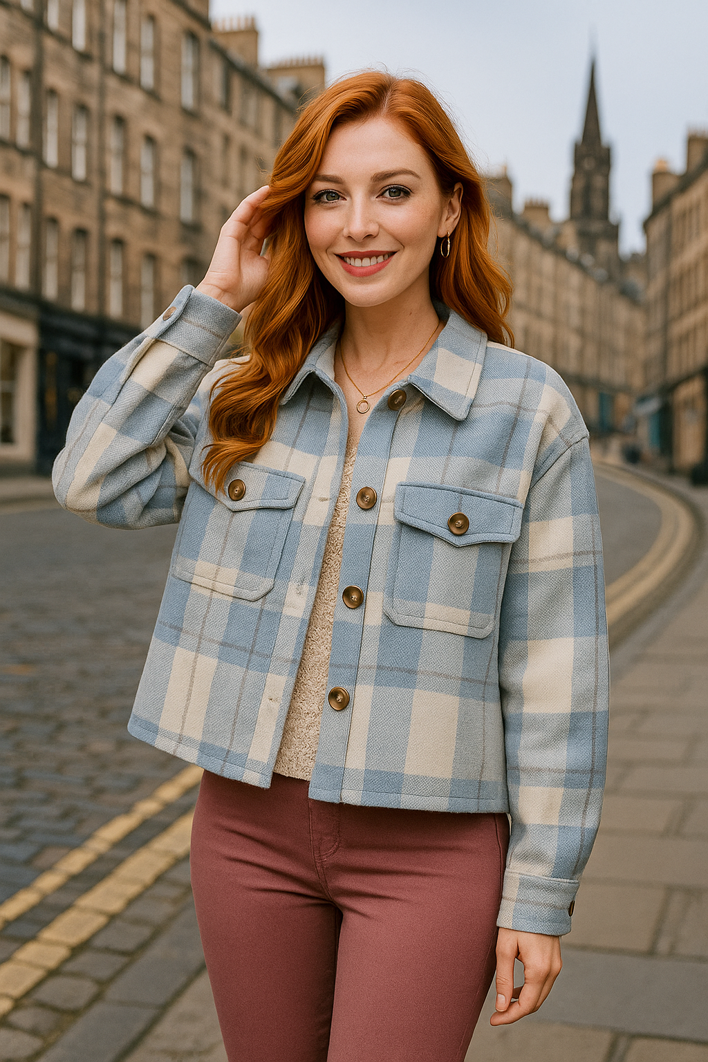 26393 Mist Blue Cream Plaid Cropped Shacket