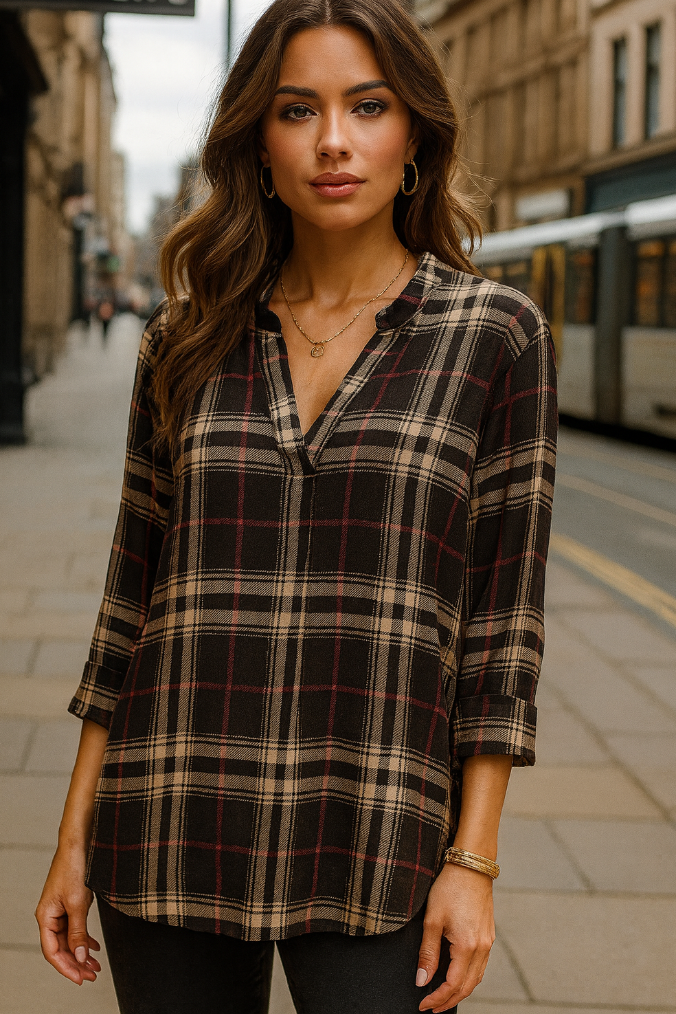 3288 Black White Red Plaid Blouse Plus