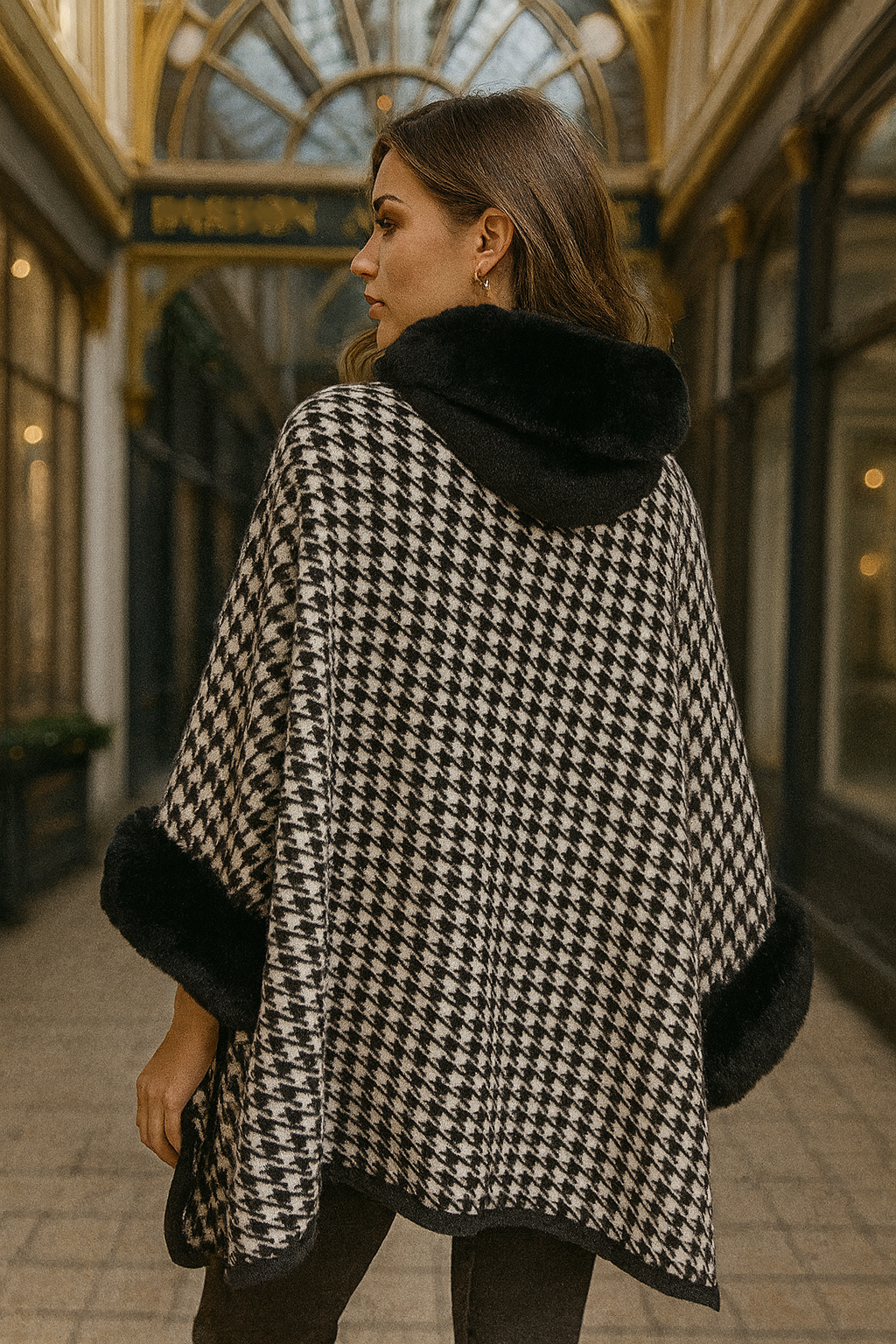 185 Black & White Fur-Trim Cape with hoodie