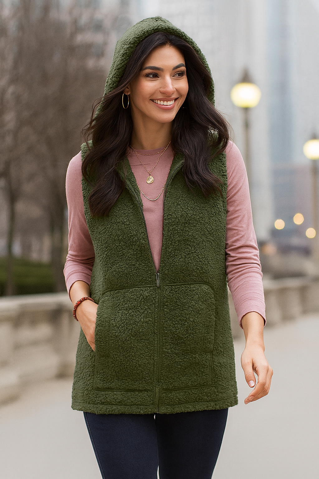 2865 Olive Sherpa Hoodie Vest with Pockets