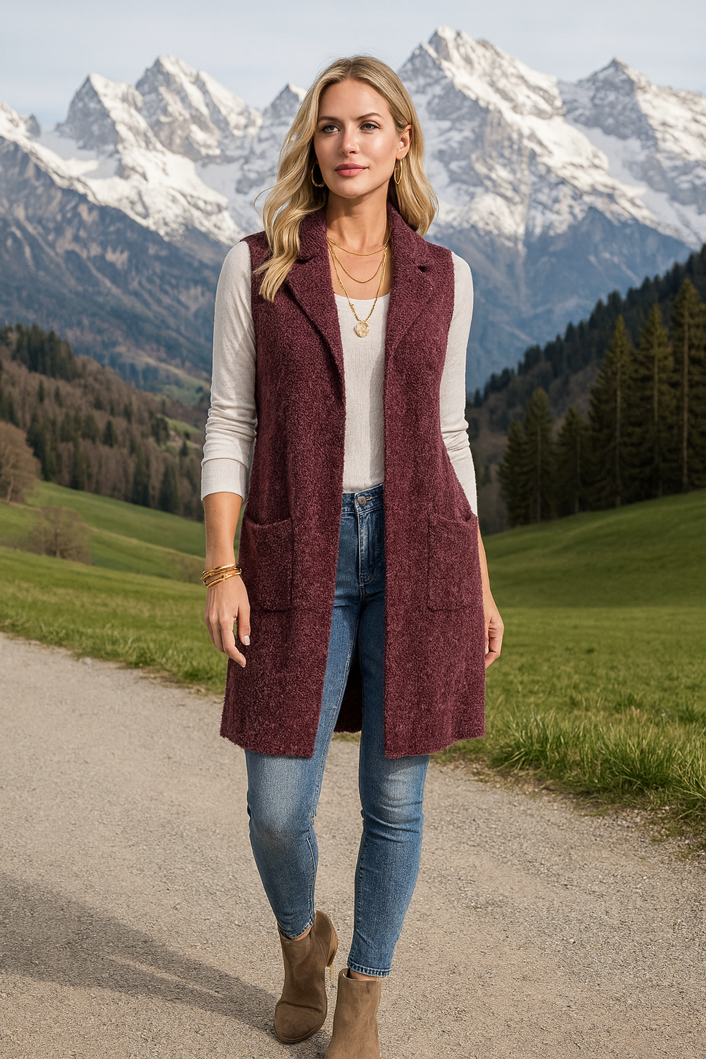 5414 Burgundy Wine Chic Pocketed Vest