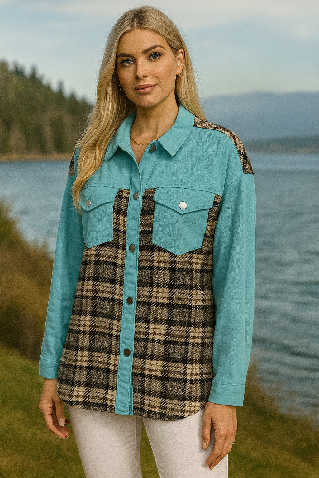 823 Turquoise Plaid Button-Up Shacket