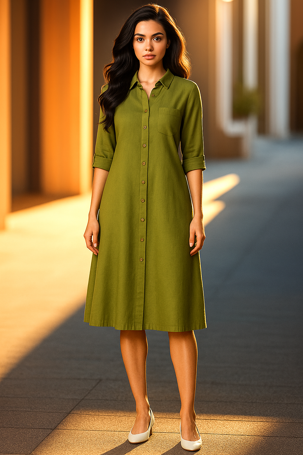 Style 107 Green Button Down Linen Blend Dress