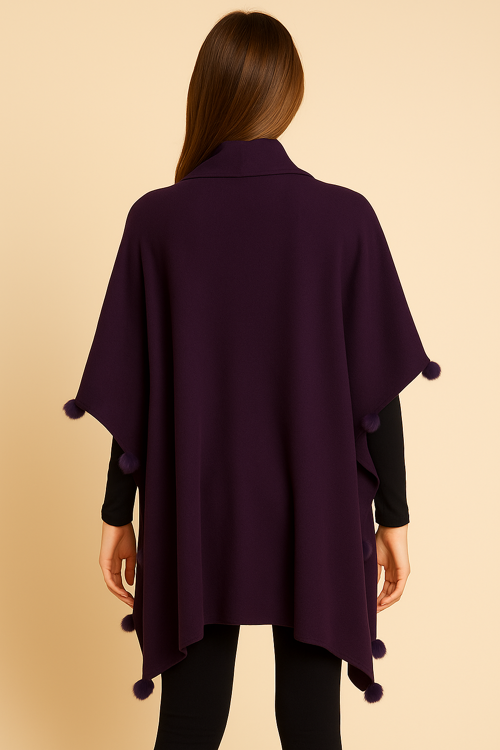 Style HY3713 Purple Pom Trim Wrap Shawl