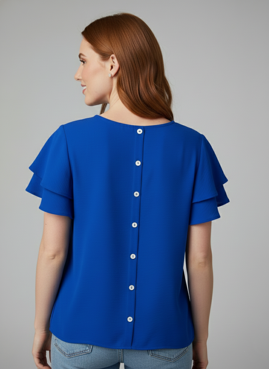 5812 Sapphire Ruffle-Sleeve Button-Back Blouse