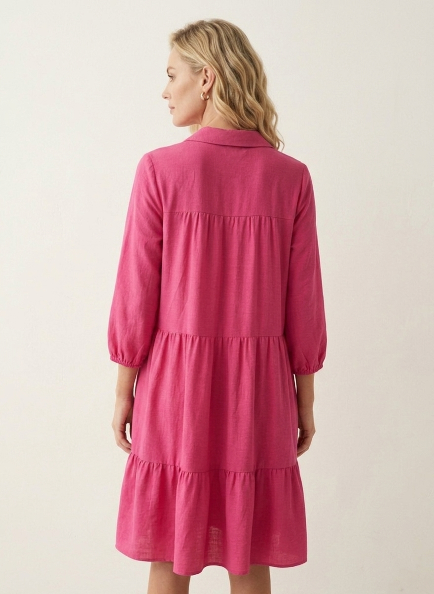 3960 Hot Pink Tiered Dress with Button Detail Dress