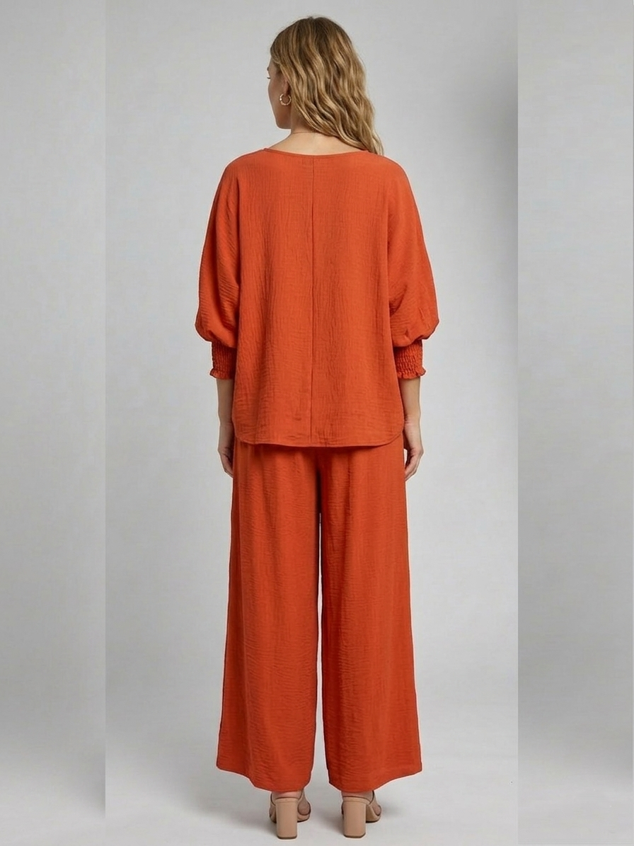 5547-S Rust Smocked Sleeve Blouse and 6122 Pleated Trousers Two-Piece Set