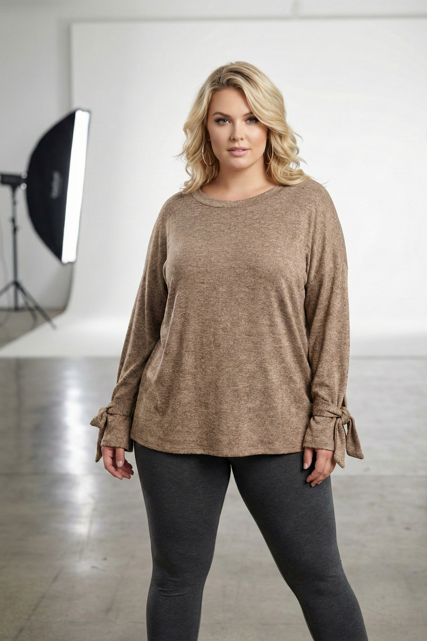 1123 Cozy Chic Tan Tie-Cuff Top