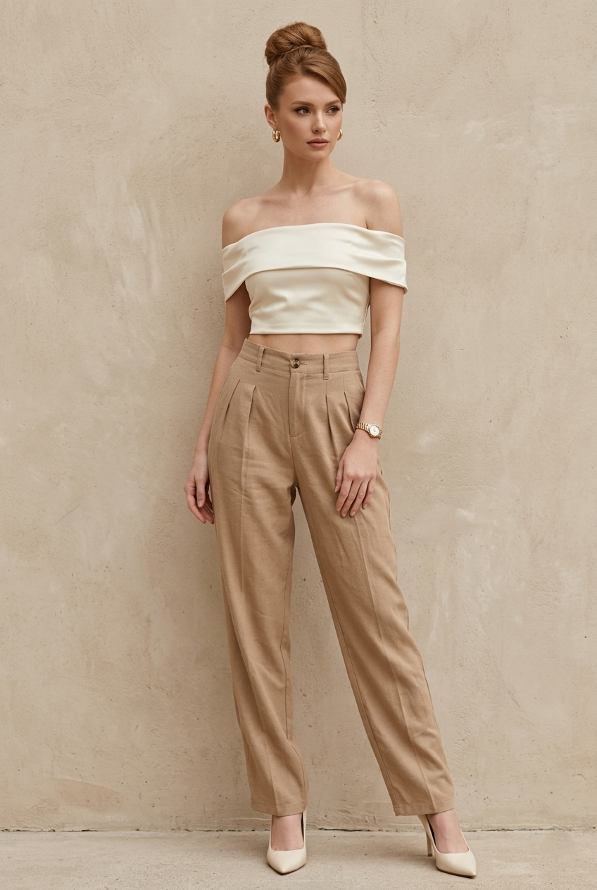 6983 Mocha Pleated Linen Pants with pockets