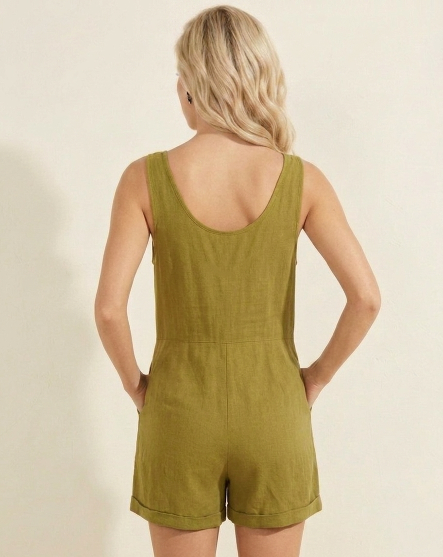 1033 Mustard Yellow Linen Romper with pockets