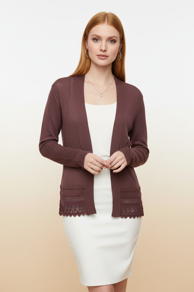 15183 Deep Plum Textured Knit Cardigan with Lace Hem