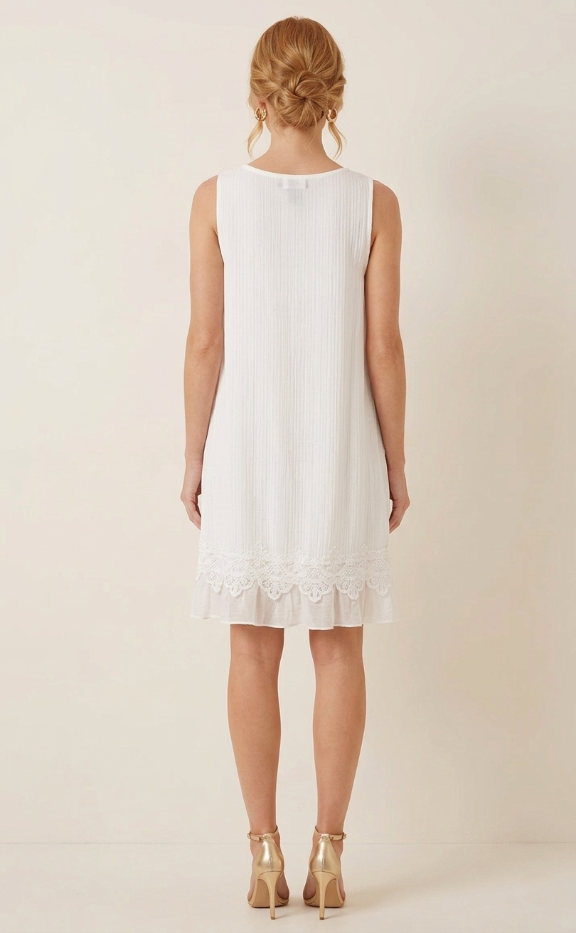 85000 Summer Cream Sleeveless Dress with Lace Hem
