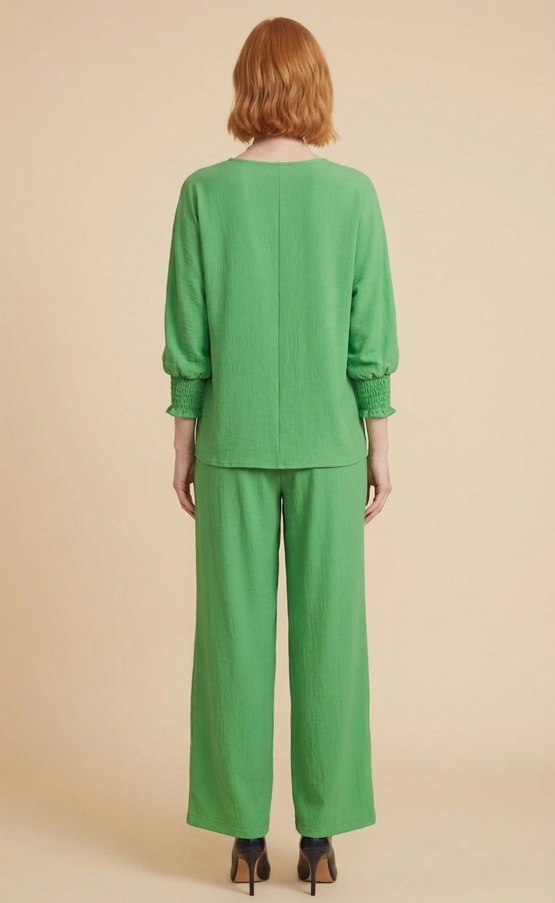 5547-S Vibrant Green Smocked Sleeve Blouse and 1234 Pleated Trousers Two-Piece Set