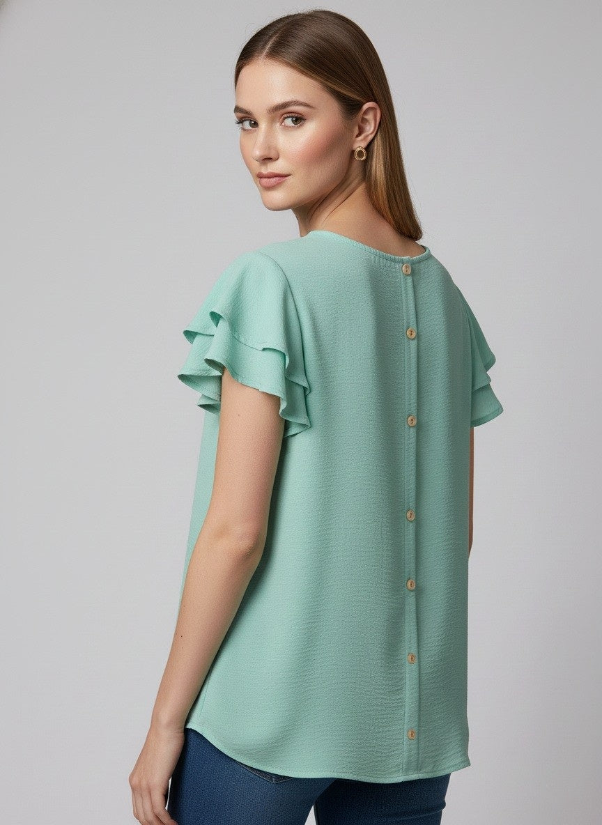 5812 Mint Green Ruffle-Sleeve Button-Back Blouse