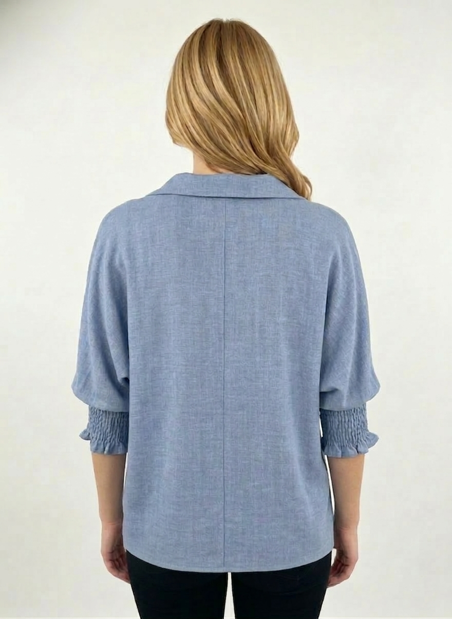 5820CC Misty Blue Smocked Sleeve Blouse