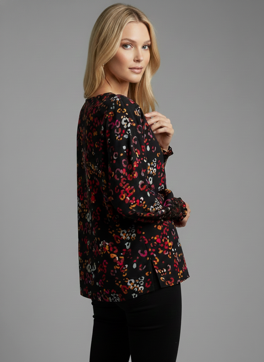 5362 Vibrant Abstract Leopard Smocked Cuff Blouse