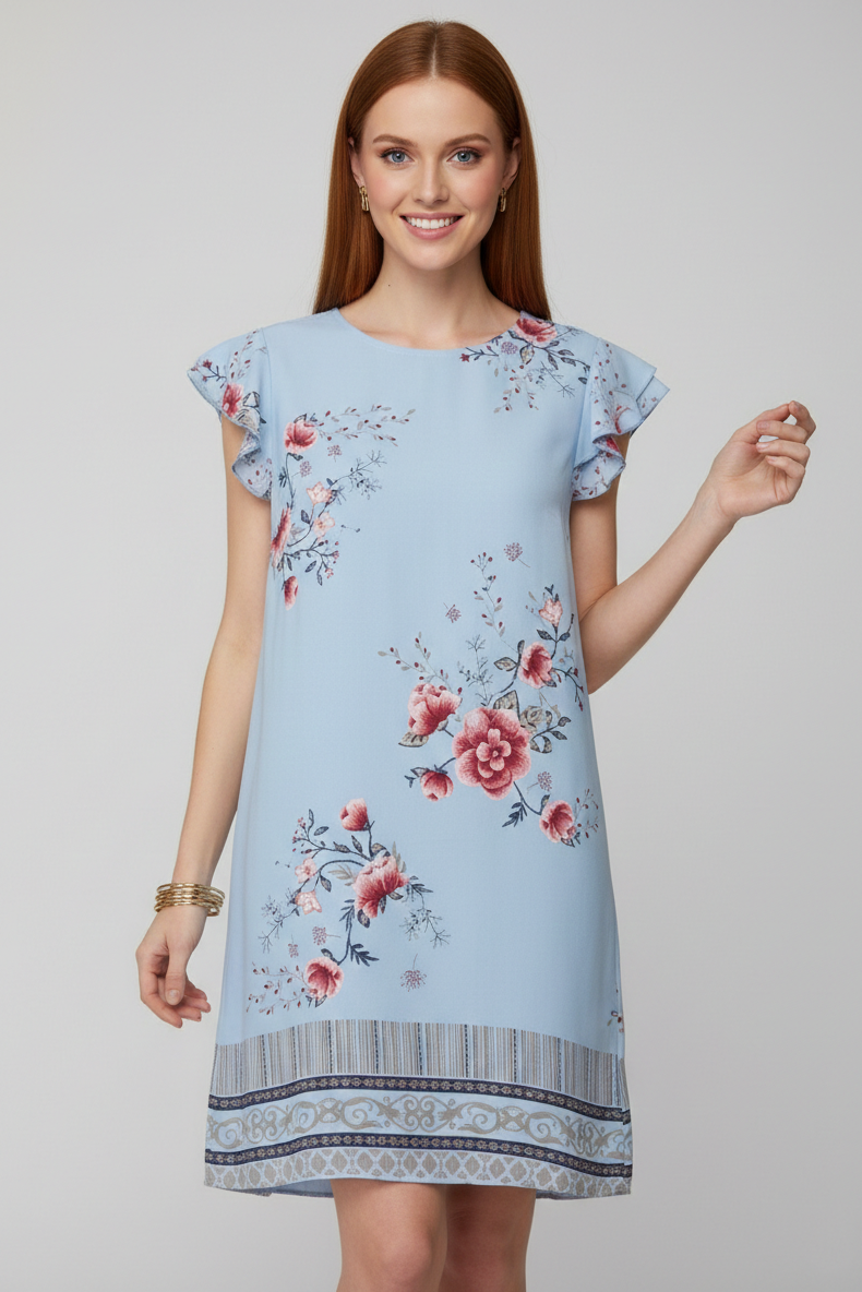 4257 Powder Blue Floral Ruffle Sleeve Blouse