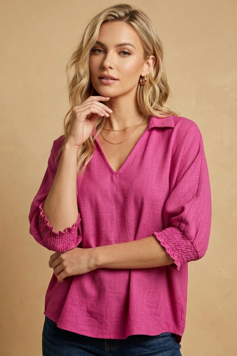 5820 Bold Fuchsia Smocked Sleeve Blouse