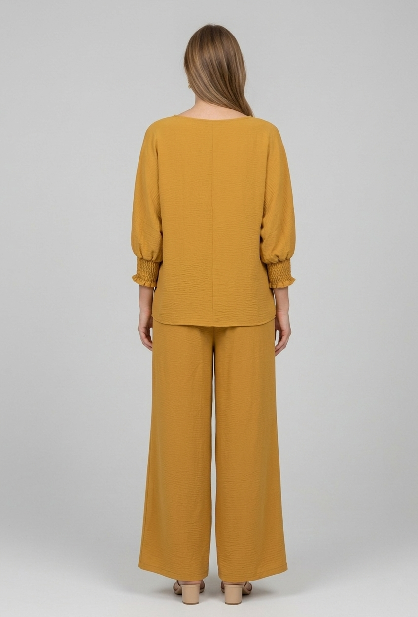 5547-S Honey Mustard Smocked Sleeve Blouse and 6122 Pleated Trousers Two-Piece Set