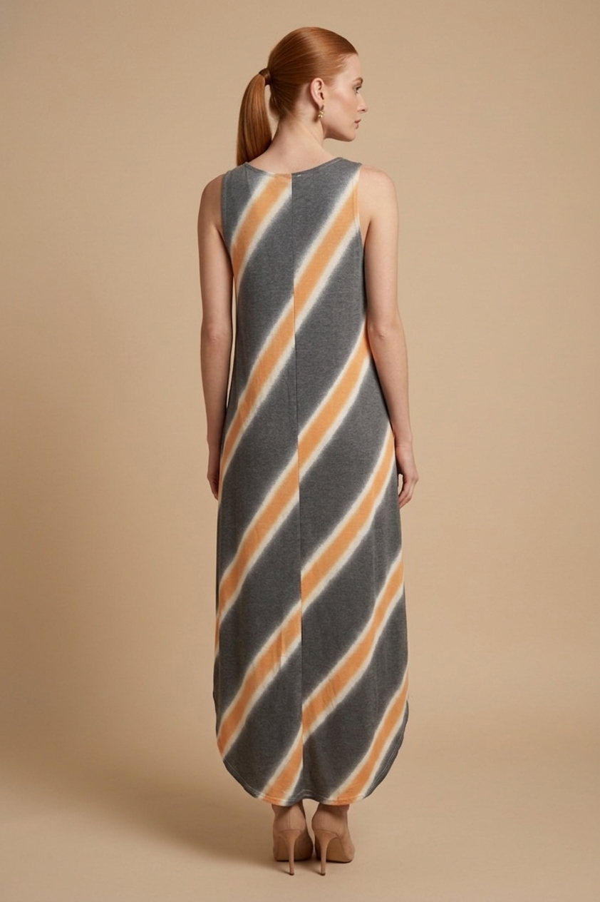 8296 Charcoal & Orange Stripe Sleeveless Dress