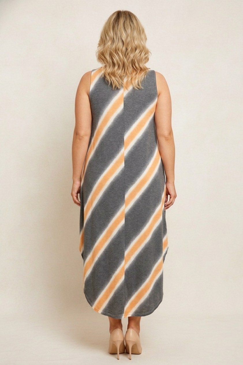 8296 Charcoal & Orange Stripe Sleeveless Dress Plus