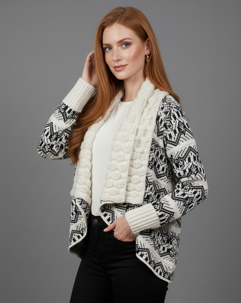961 Boho Black and White Waterfall Cardigan
