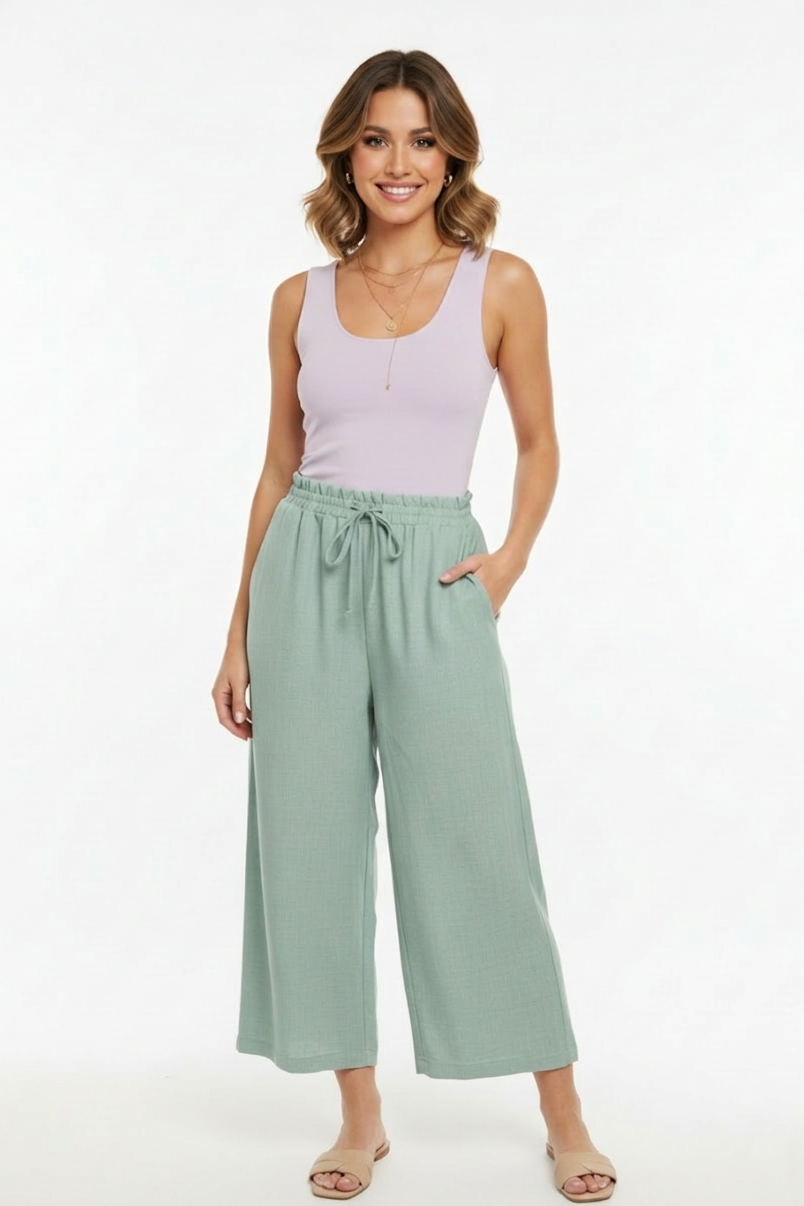 1013 Soft Sage Crop Drawstring Pants with side pocket