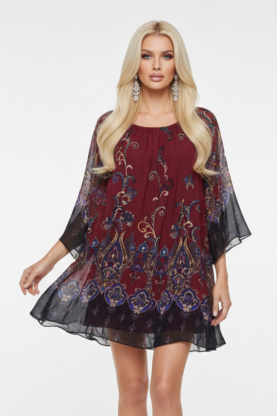 111 Boho Red Bell Sleeve Tunic Dress