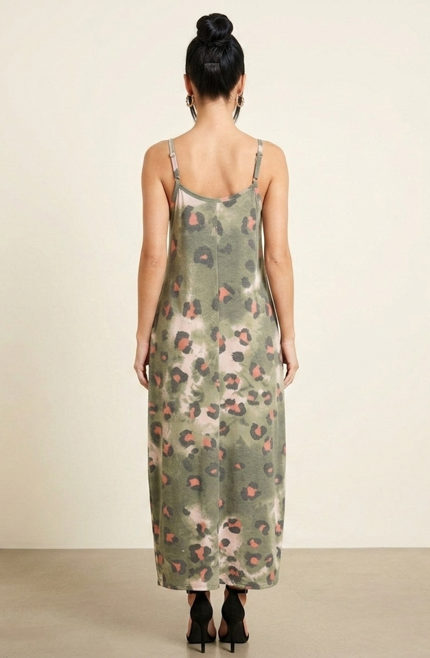 8434 Olive Leopard Maxi Dress with pockets
